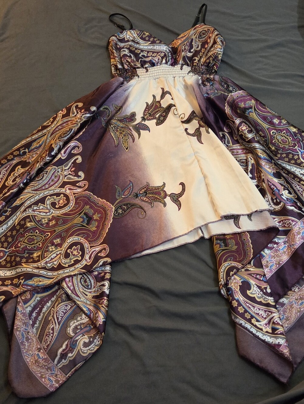 Bohemian Spaghetti-Strap Paisley Handkerchief Hem Dress in Purple and Cream